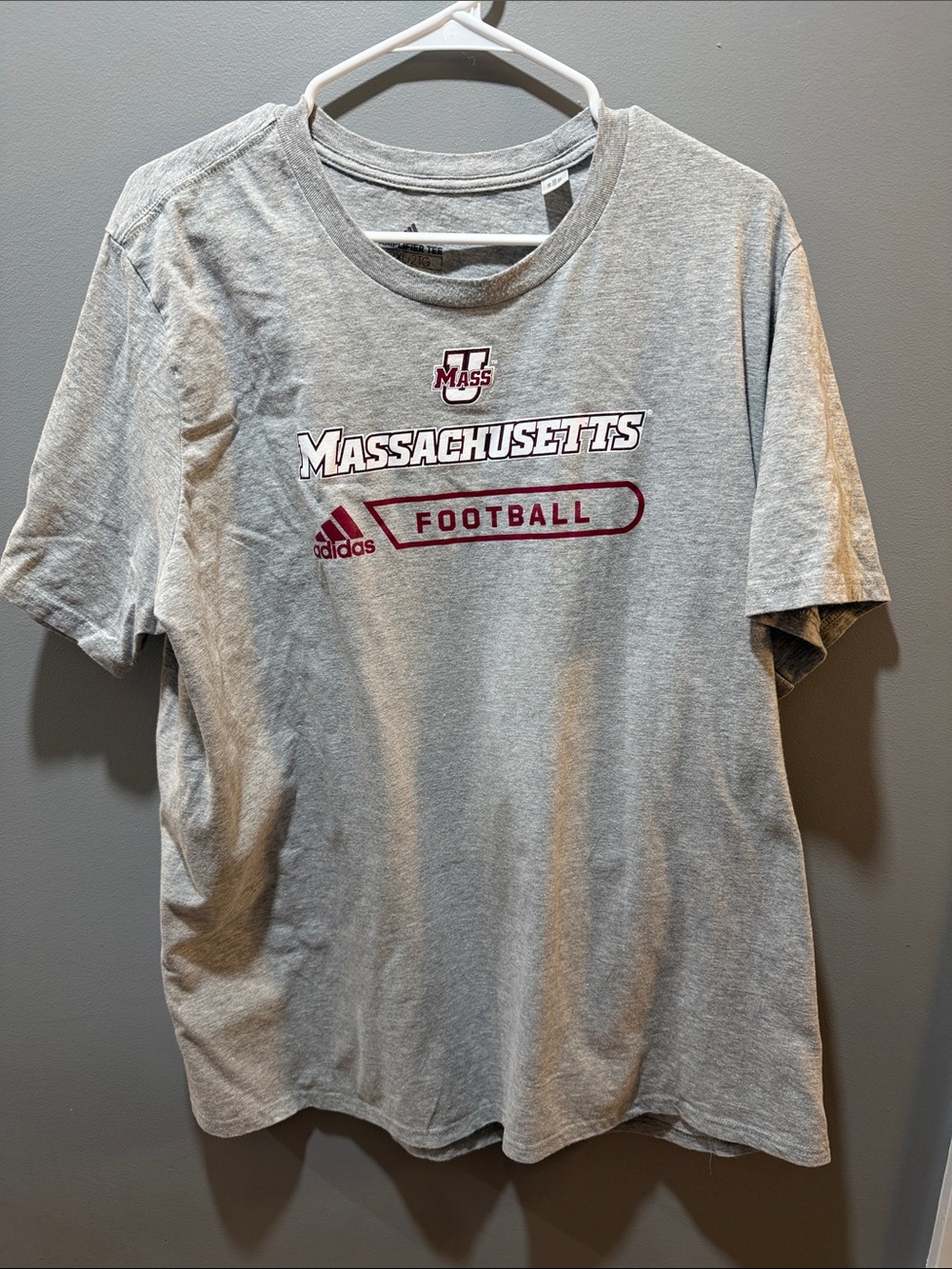 adidas Gray UMass Amherst Football Short Sleeve Tee with Maroon Logo